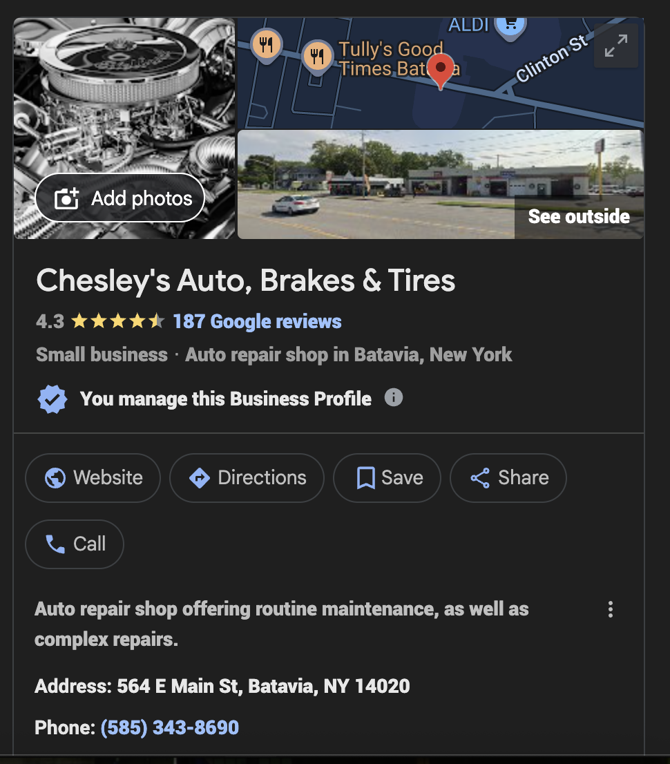 Chesley’s Auto Google Business Profile panel with strong review presence