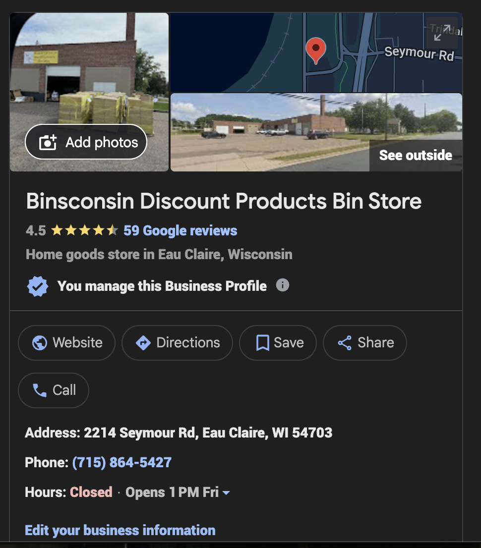 Binsconsin Google Business Profile panel with many reviews