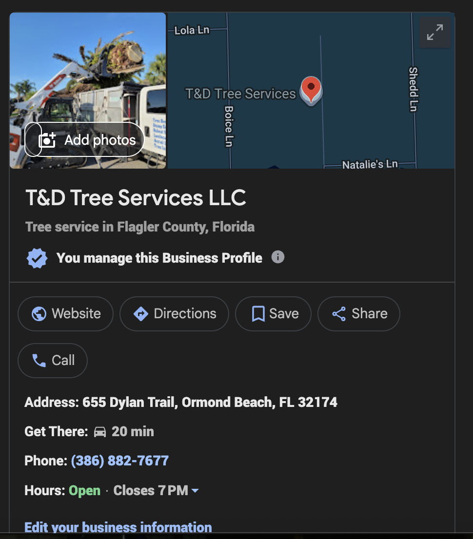 T&D Tree Services Google Business Profile panel